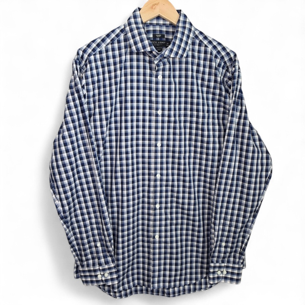 Pronto Uomo Dress Shirt Mens‎ 16.5 34/35 Blue Button Up Non Iron Slim Fit Plaid